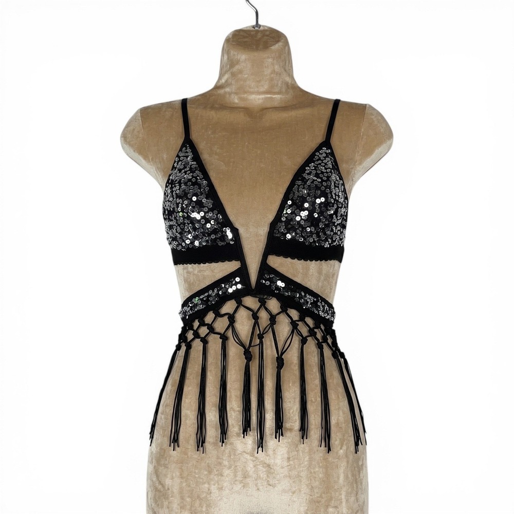 New XS Black Silver Sequin Macrame Fringe Festival Bralette Rave Top Plunging